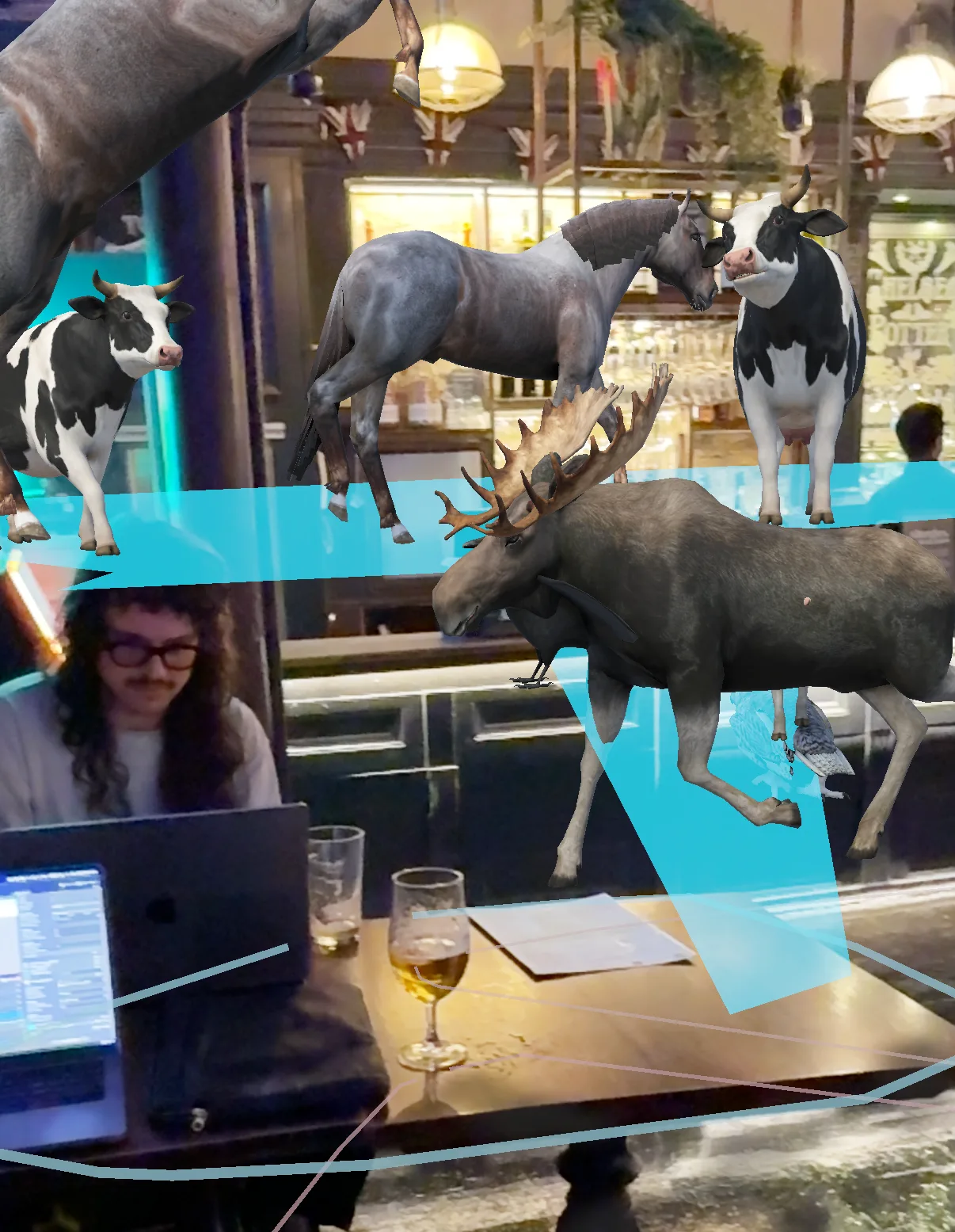 Virtual cows, a horse and a moose standing among the tables of a pub
